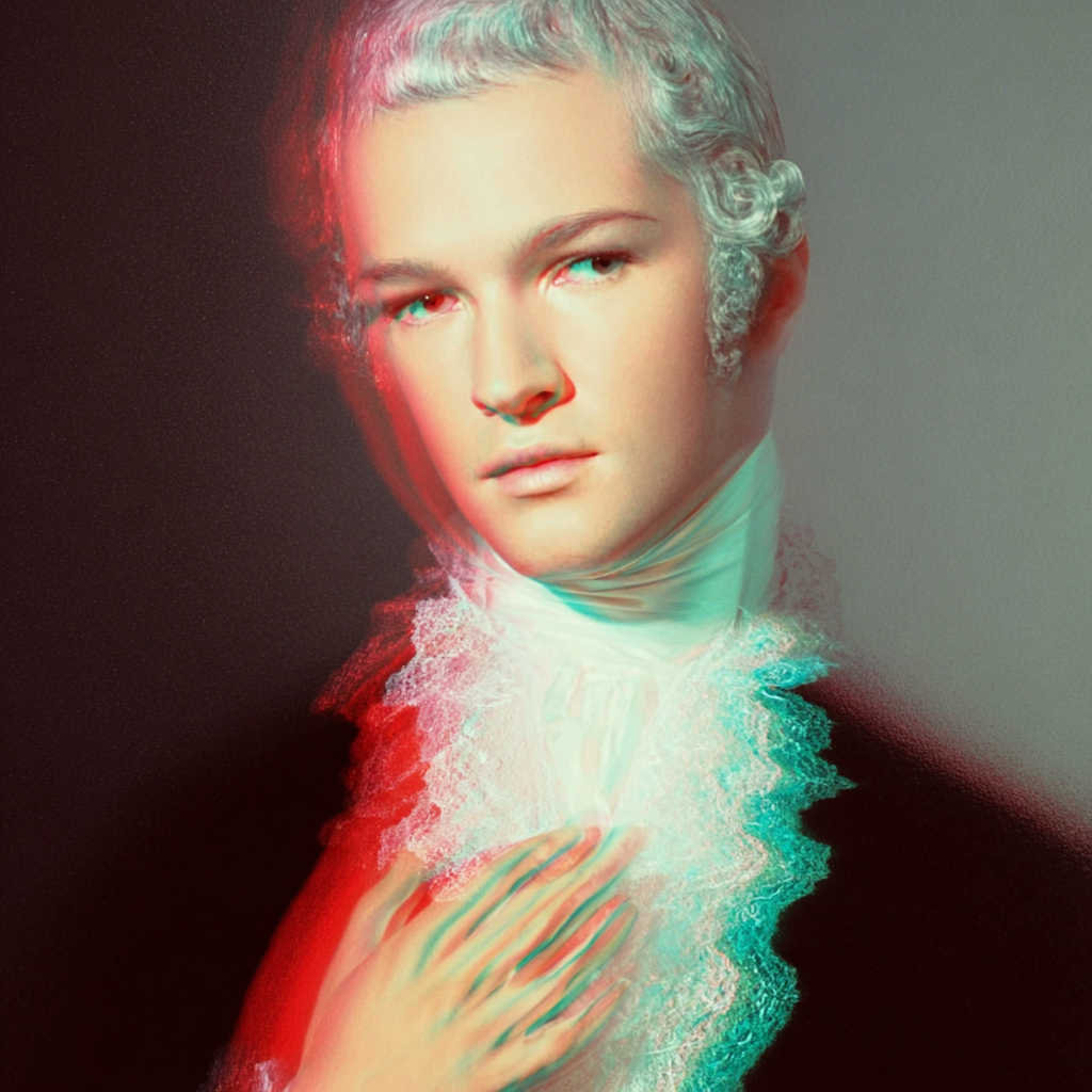 A portrait of a young person with curly gray hair wearing a white high-collared shirt, with digital glitch effects in red and teal creating a distorted look.