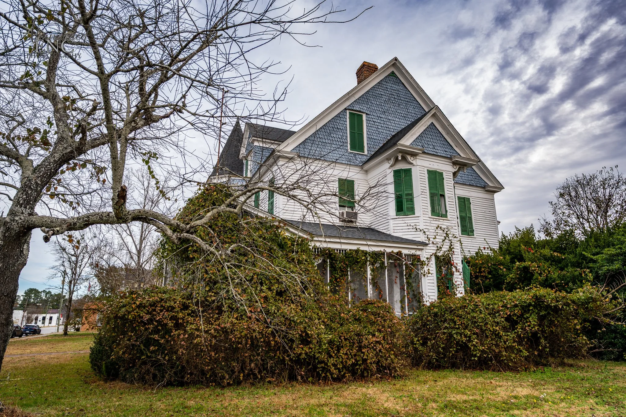 A large, white Victorian-style house with green shutters, surrounded by overgrown bushes and a leafless tree in the front yard, under a cloudy sky.