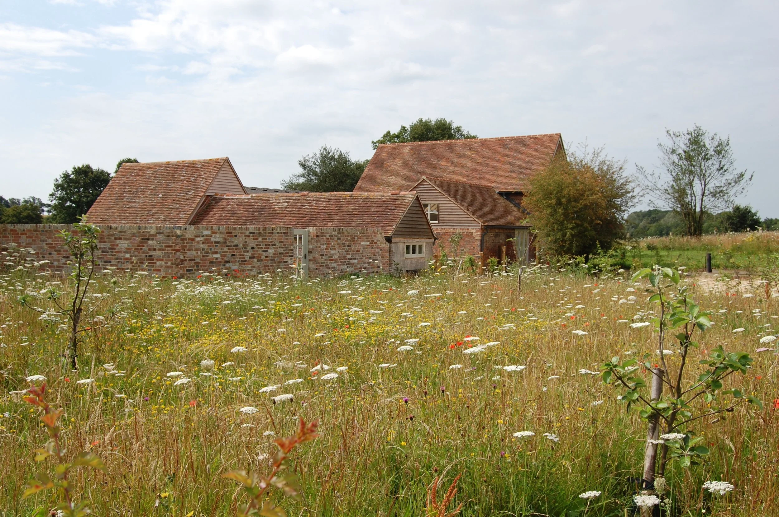 A rustic farmstead with brick and wooden buildings surrounded by wildflowers and tall grass in a rural landscape. Groups. Parties. Sussex.
