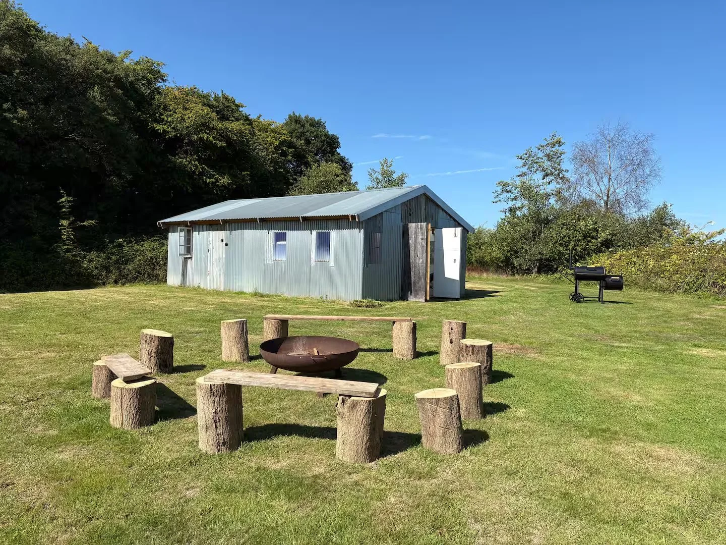 A grassy area with a metal shed, a barbecue grill, and a fire pit surrounded by wooden logs, with trees in the background.