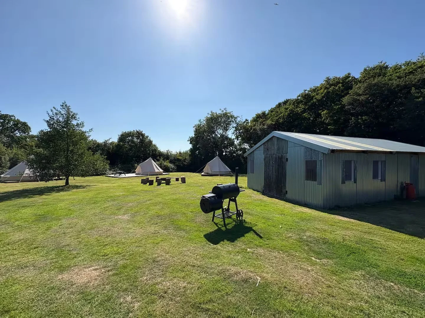 A sunny outdoor scene with green grassy area, trees, tents, a large metal shed, a barbecue grill, and picnic tables in the background. Glamping Sussex Farm.
