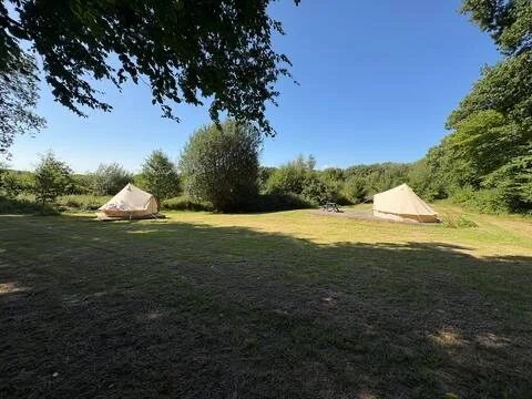 Two beige canvas tents set up on a grassy field near trees under a clear blue sky. Glamping East Sussex Private Campsite.