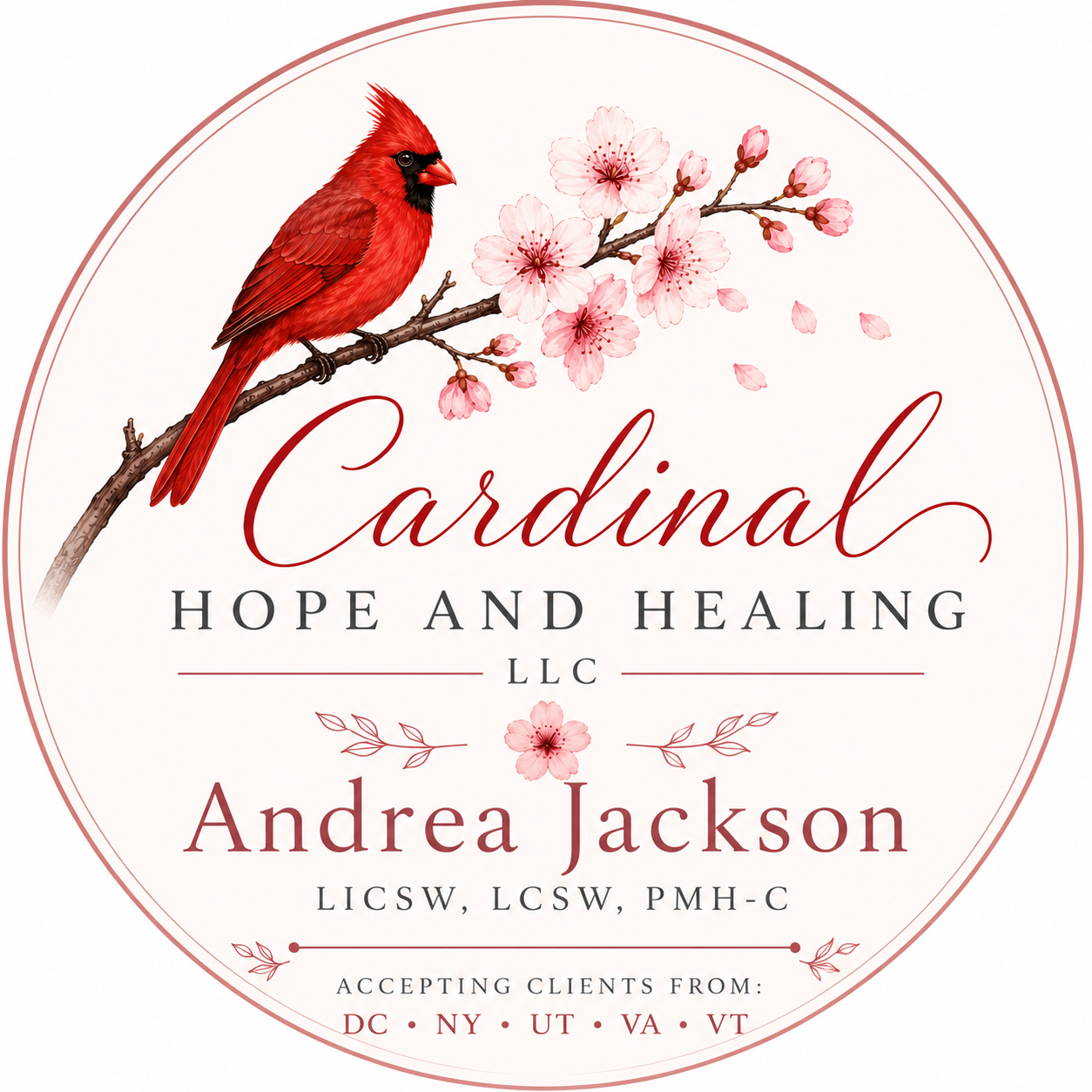 Logo for Cardinal Hope and Healing LLC featuring a cardinal bird perched on a cherry blossom branch with pink flowers and petals, containing text with the business name and owner Andrea Jackson.