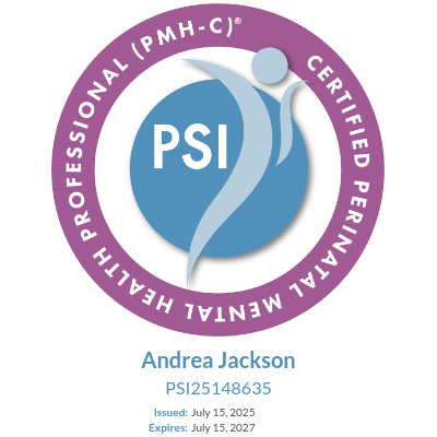 Certification badge for professional mental health, displaying the PSI logo, and the name Andrea Jackson, along with certification and expiration dates.