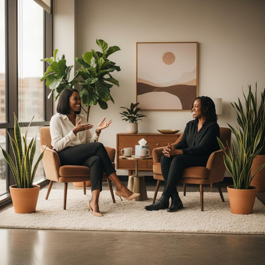 Two women having a friendly conversation in a cozy, well-lit living room with large windows, potted plants, and modern decor.