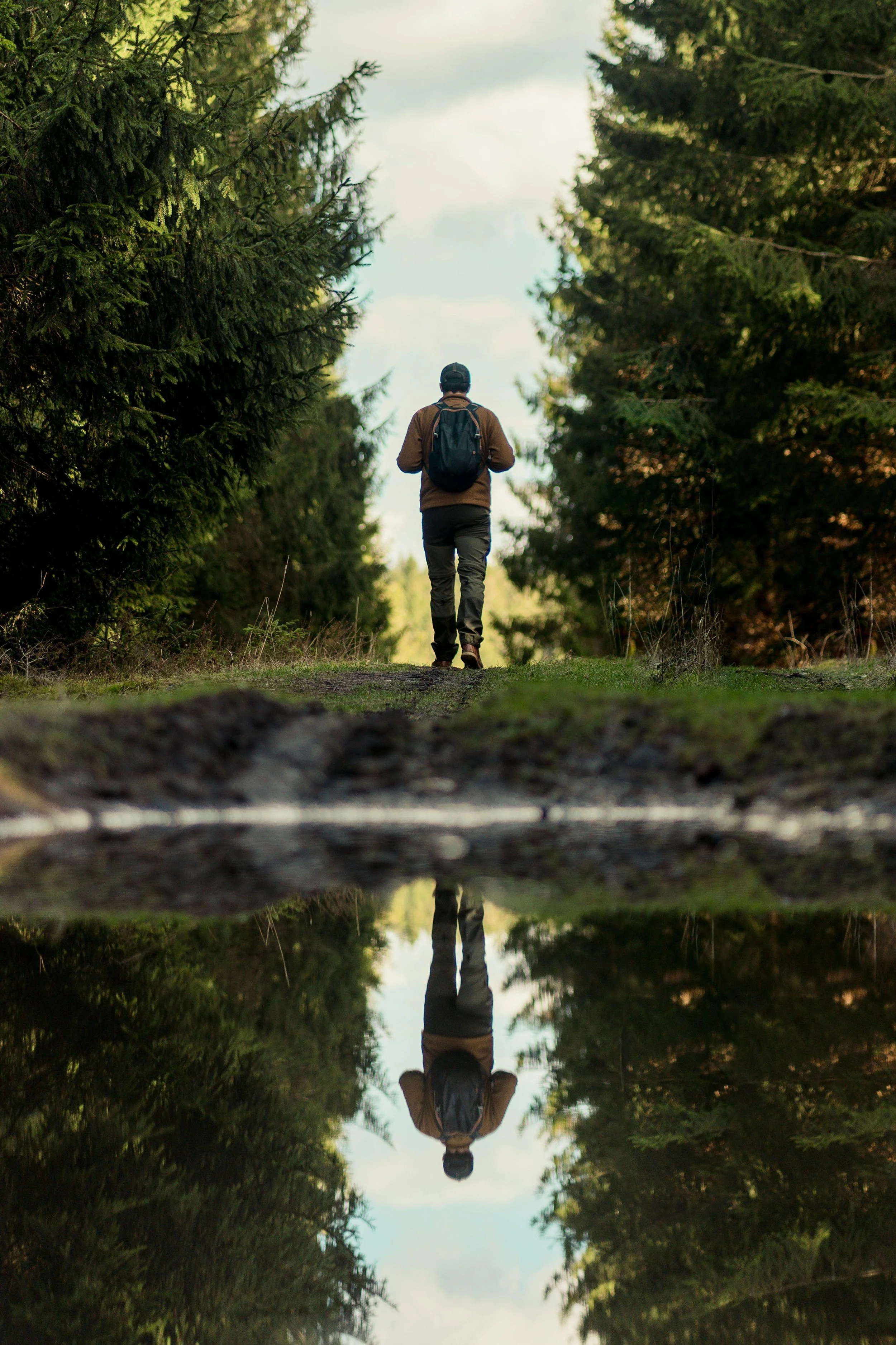 A person hiking in a forest, reflected in a pond, with trees on both sides and cloudy sky above.