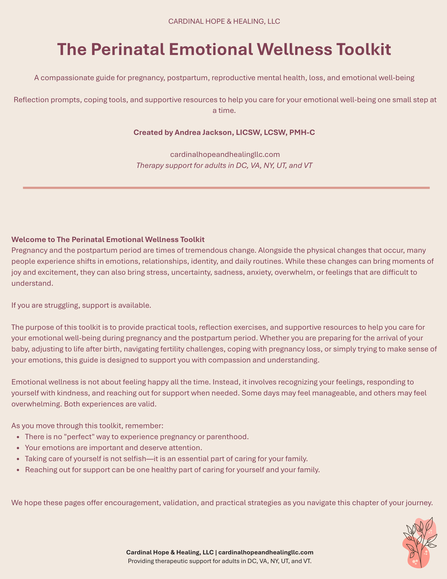 A screenshot of a webpage titled 'The Perinatal Emotional Wellness Toolkit' by Cardinal Hope & Healing, LLC. The page features informational text about emotional wellness during pregnancy and postpartum, with a floral illustration in the lower right corner.