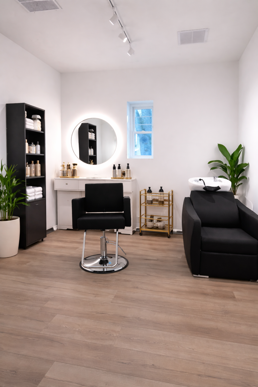 Salon with two oval mirrors, hair styling chairs, and a neon sign on the wall that says "You're like, really pretty."