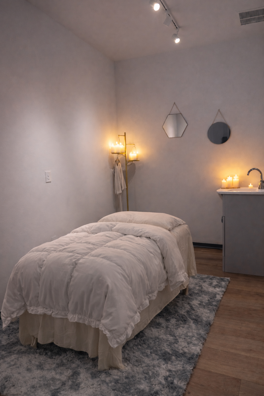 Interior of a hair salon with two oval mirrors, black hairdryers on a wooden shelf, and a neon sign on the wall that says "You're like really pretty" in cursive script.