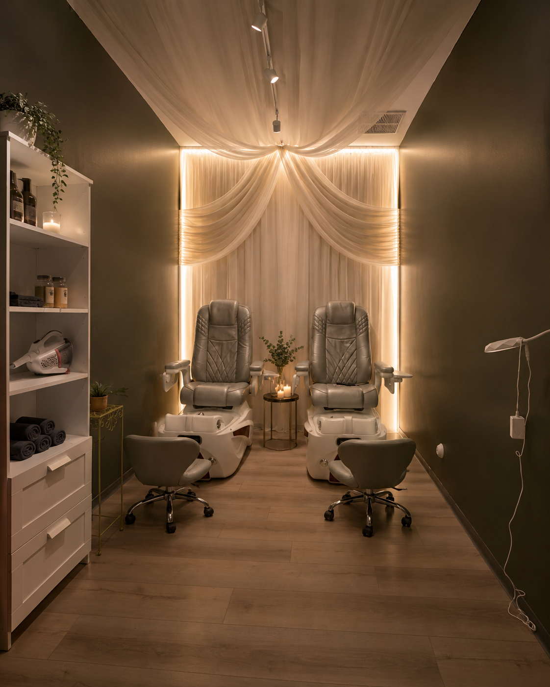 Interior of a hair salon with two oval mirrors, black hairdryers on a wooden shelf, and a neon sign on the wall that says "You're like really pretty" in cursive script.