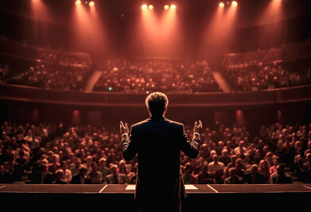 A speaker at a conference or event addressing a large audience in a theater or auditorium with stage lighting.
