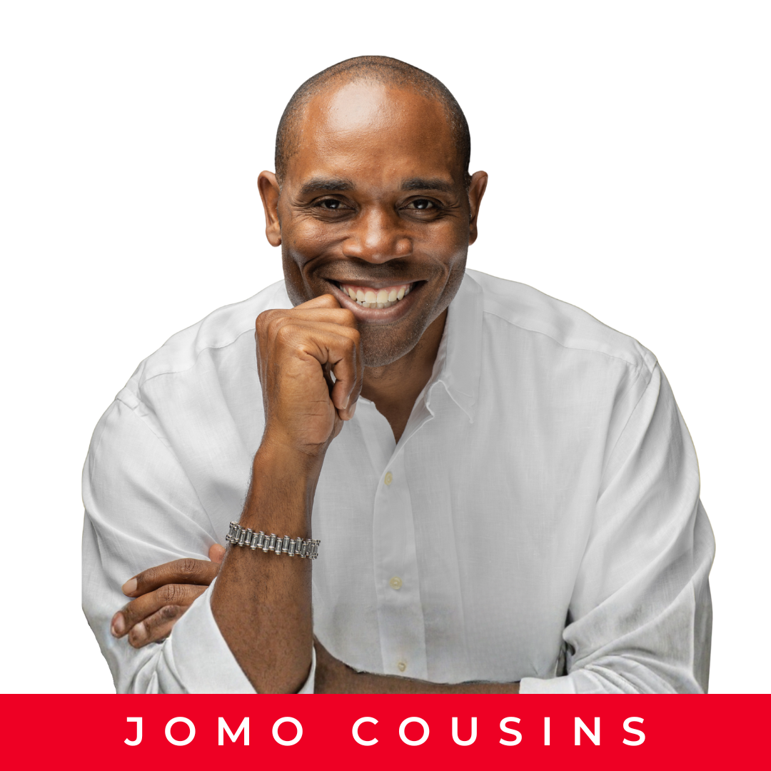 Headshot of a smiling African American man in a white shirt with his hand on his chin, against a plain white background, with his name Jomo Cousins written at the bottom.