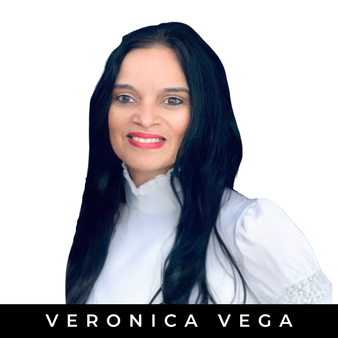 Portrait of a woman with long black hair smiling, wearing a white blouse with lace details, against a white background, with the name "Veronica Vega" displayed at the bottom.