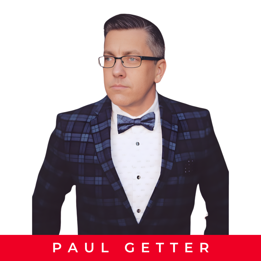 A man wearing glasses, a dark plaid tuxedo jacket, white shirt, and a dark bow tie, looking to the side with a serious expression.