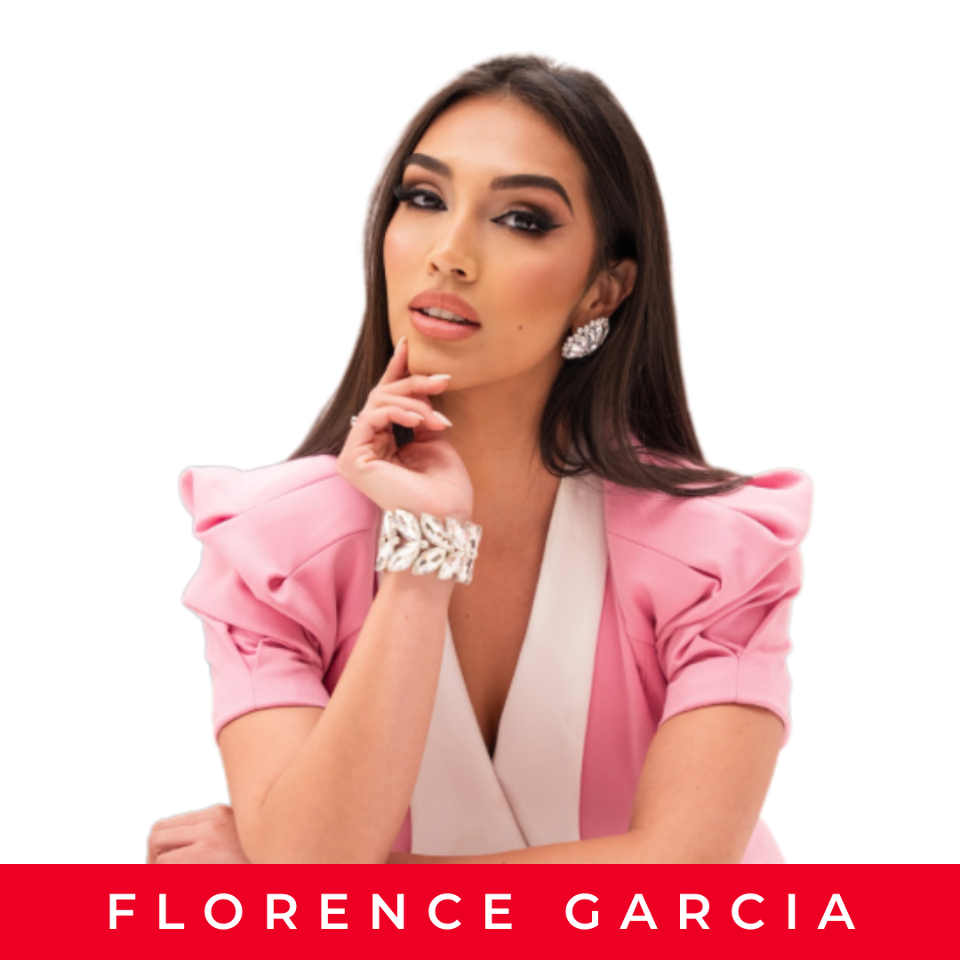 A woman with long dark hair and makeup, wearing a pink and white dress with accessories, poses with her hand on her chin. Text at the bottom says Florence Garcia.