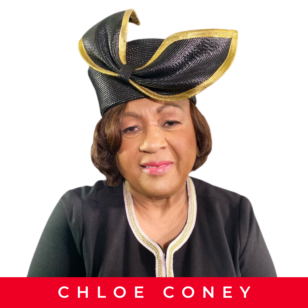 A woman wearing a large black and gold hat and a black top, with the text "Chloe Coney" at the bottom.