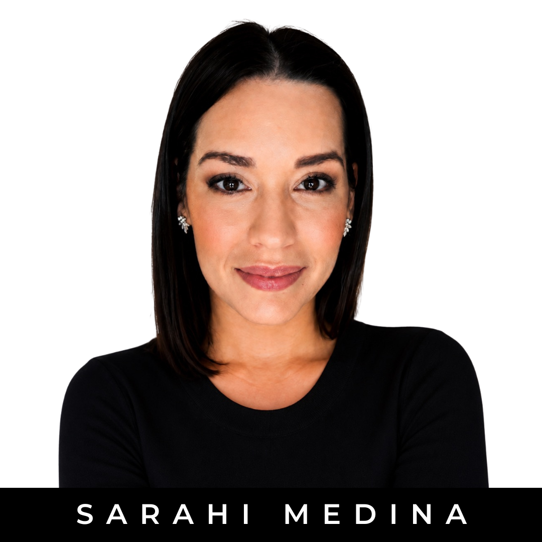 Photo of a woman with black hair, wearing a black and white striped shirt, against a plain white background, with the name Sarah Medina displayed at the bottom.