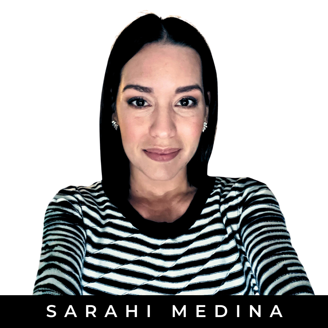 Photo of a woman with black hair, wearing a black and white striped shirt, against a plain white background, with the name Sarah Medina displayed at the bottom.