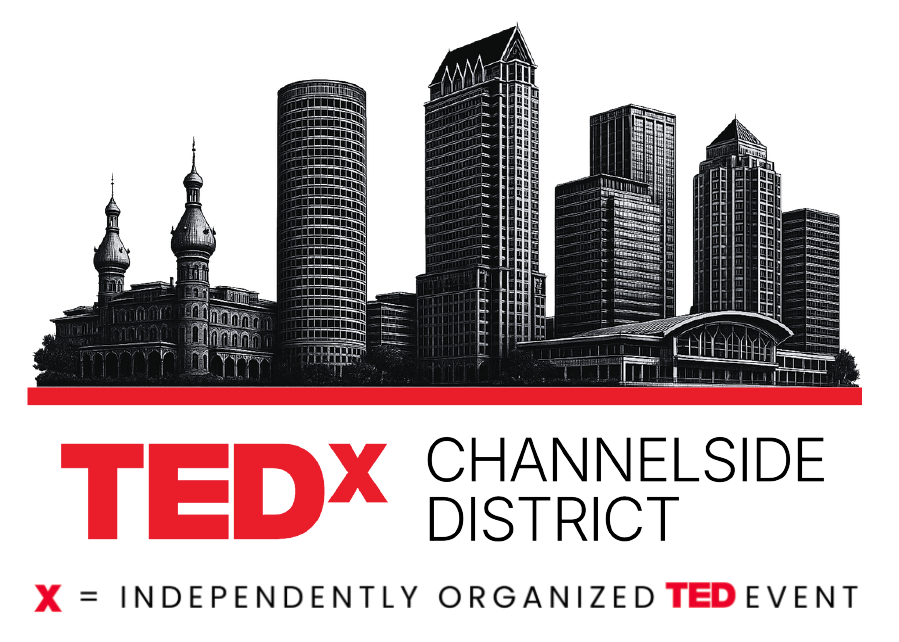 Illustration of a city skyline with modern skyscrapers and a historic building, under a black background, for a TEDx event in Chicagoland District.