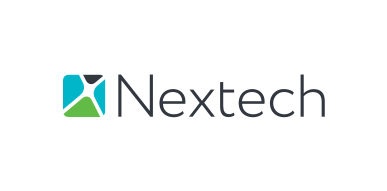 Nextech logo with a stylized icon of a mountain and lake in blue, green, and black next to the company name.