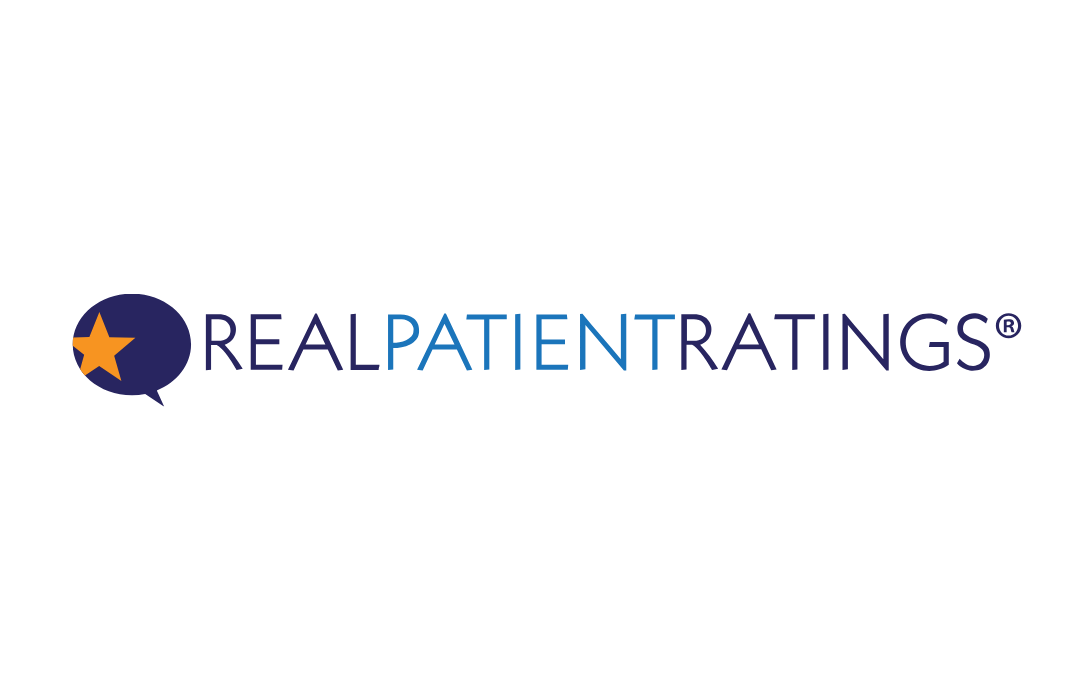 Logo for Real Patient Ratings with a chat bubble containing an orange star to the left of the text