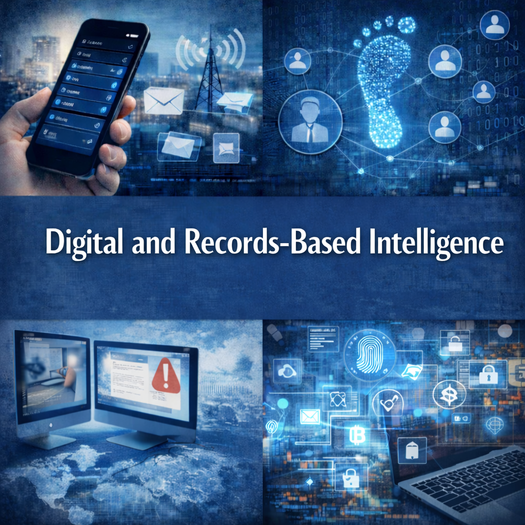 A digital illustration of telecom, digital, and records-based intelligence including a smartphone, computer screens, fingerprint scan, and icons representing communication, security, and data networks.