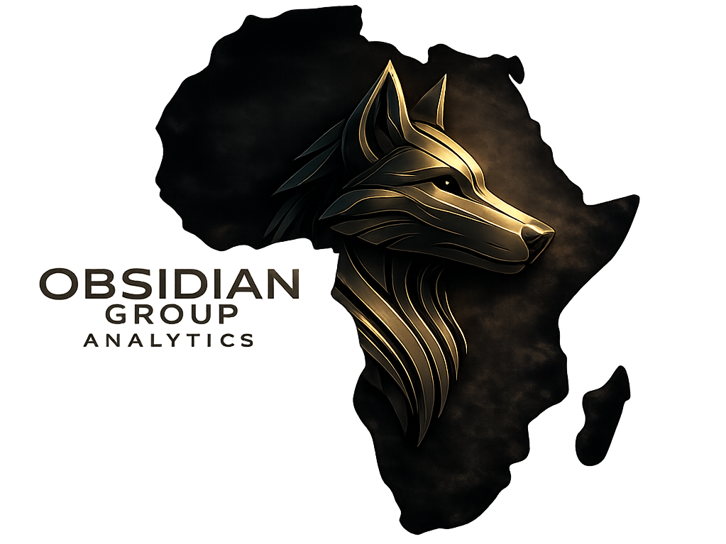 A black silhouette of the African continent with a gold wolf's head sculpture overlaid, alongside the text "Obsidian Group Analytics" in stylized font.