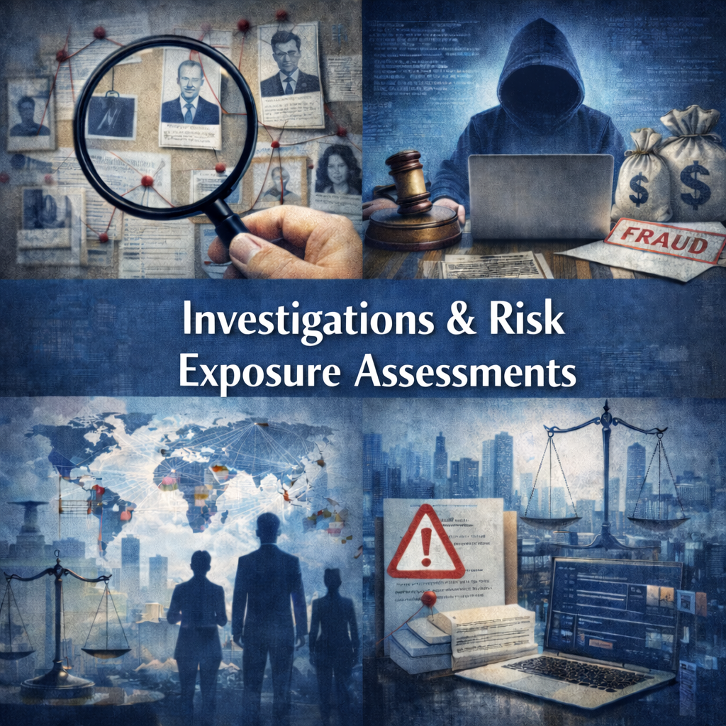 A collage of four images related to investigations and risk exposure assessments, including photos of a magnifying glass over photos of people, a hooded individual using a laptop with bags of money and a fraud note, people walking with a world map and connected dots, and a city skyline with legal scales and a warning warning sign.