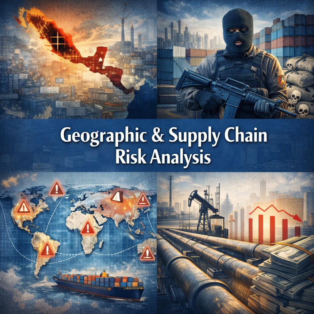 A montage of four images related to risk analysis. Top left shows a map of Mexico with a fiery explosion. Top right features a masked armed person holding a rifle next to stacks of skulls and shipping containers. Bottom left displays a world map with warning symbols and a cargo ship. Bottom right depicts oil pipelines with a falling stock graph in an industrial setting.
