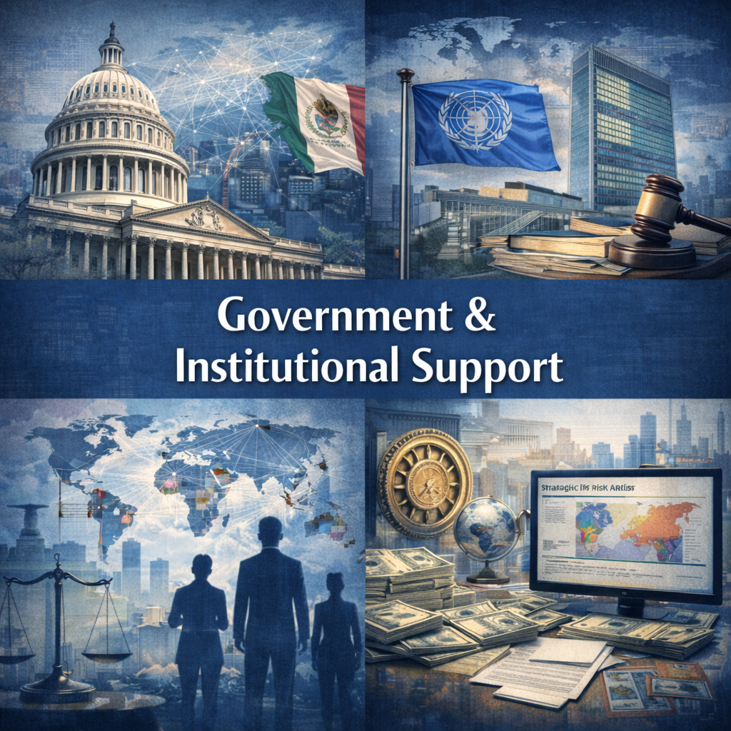 Collage of images related to government and institutional support, including the US Capitol, flags of Mexico and the United Nations, financial documents, a gavel, a world map, and business people.
