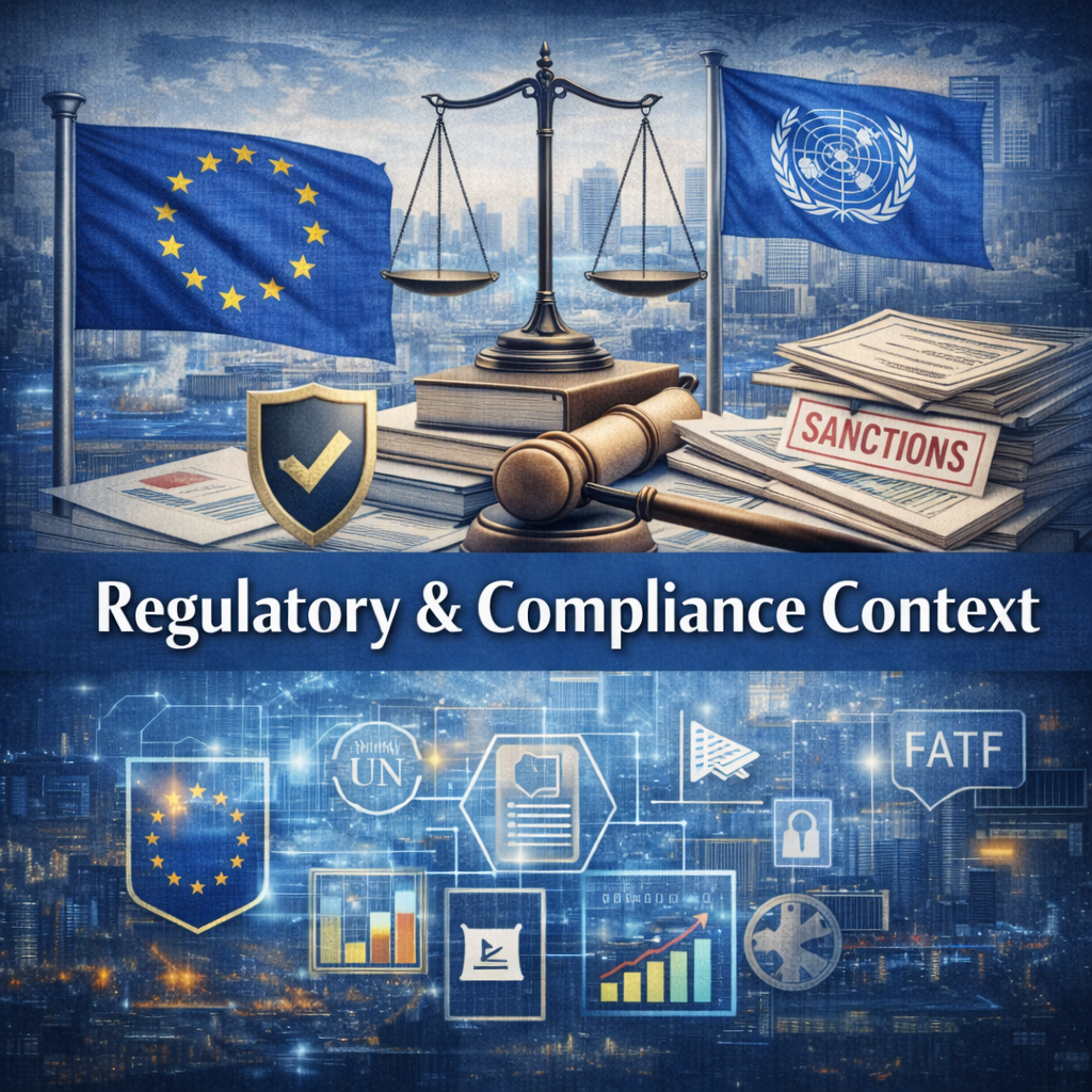 Cover image for 'Regulatory & Compliance Context' featuring European Union and United Nations flags, a balanced scale, a gavel, and stacks of documents with 'Sanctions' sticker. Background includes city skyline and graphics depicting compliance icons.