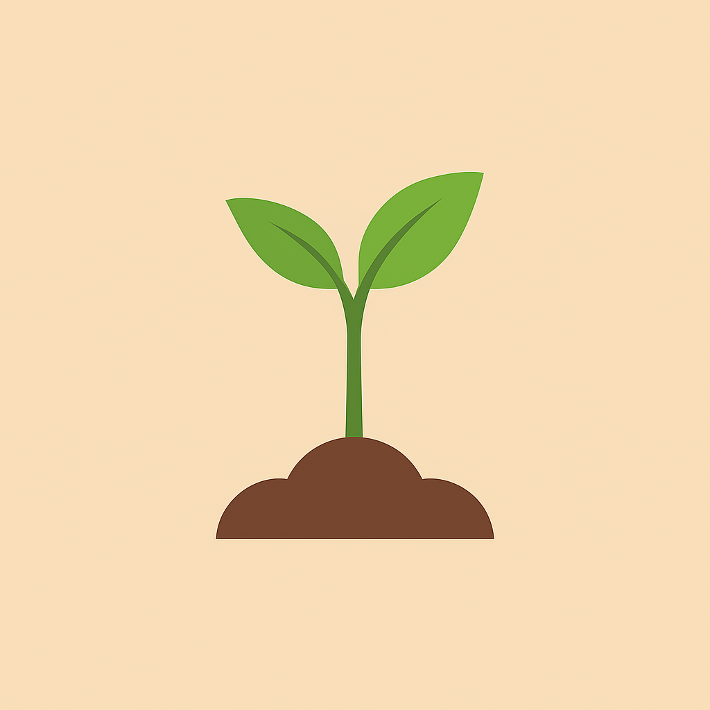 Illustration of a young green plant sprouting from brown soil on a beige background.