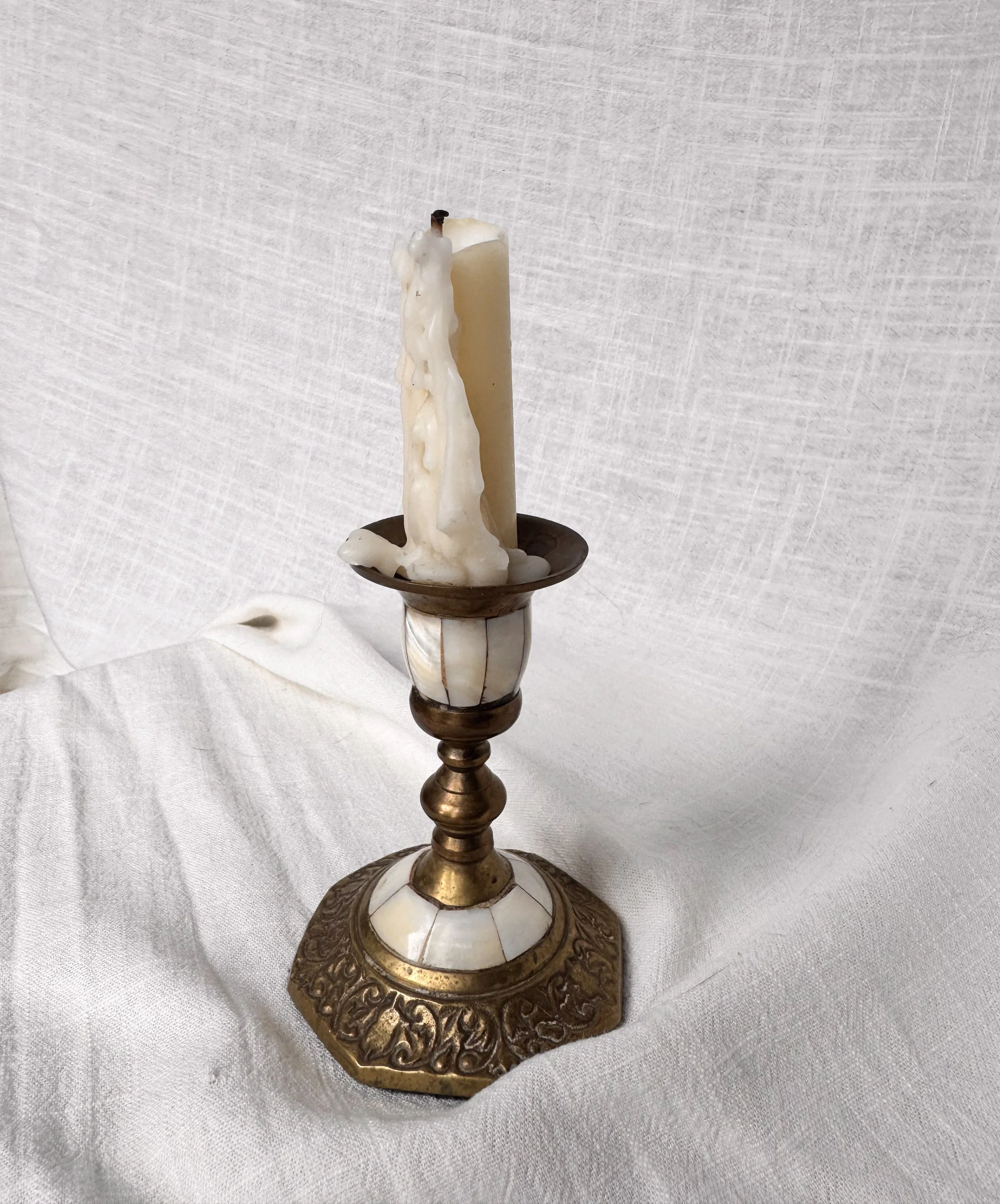 Vintage Brass & Mother-of-Pearl Candlestick Holder
