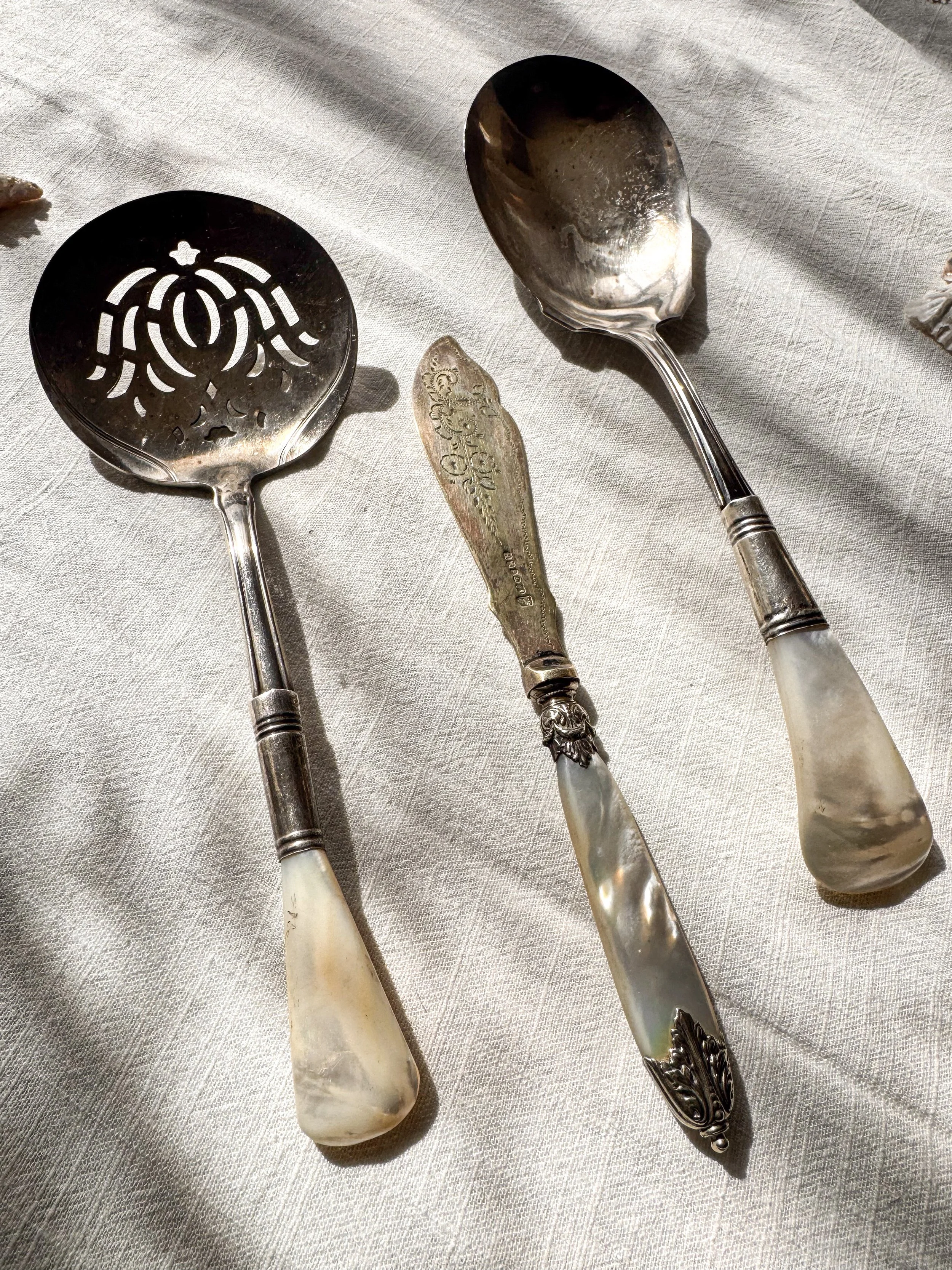 Antique Mother-of-Pearl Silver Serving Set (3 pieces) Victorian Butter Knife & Vintage Serving Spoons