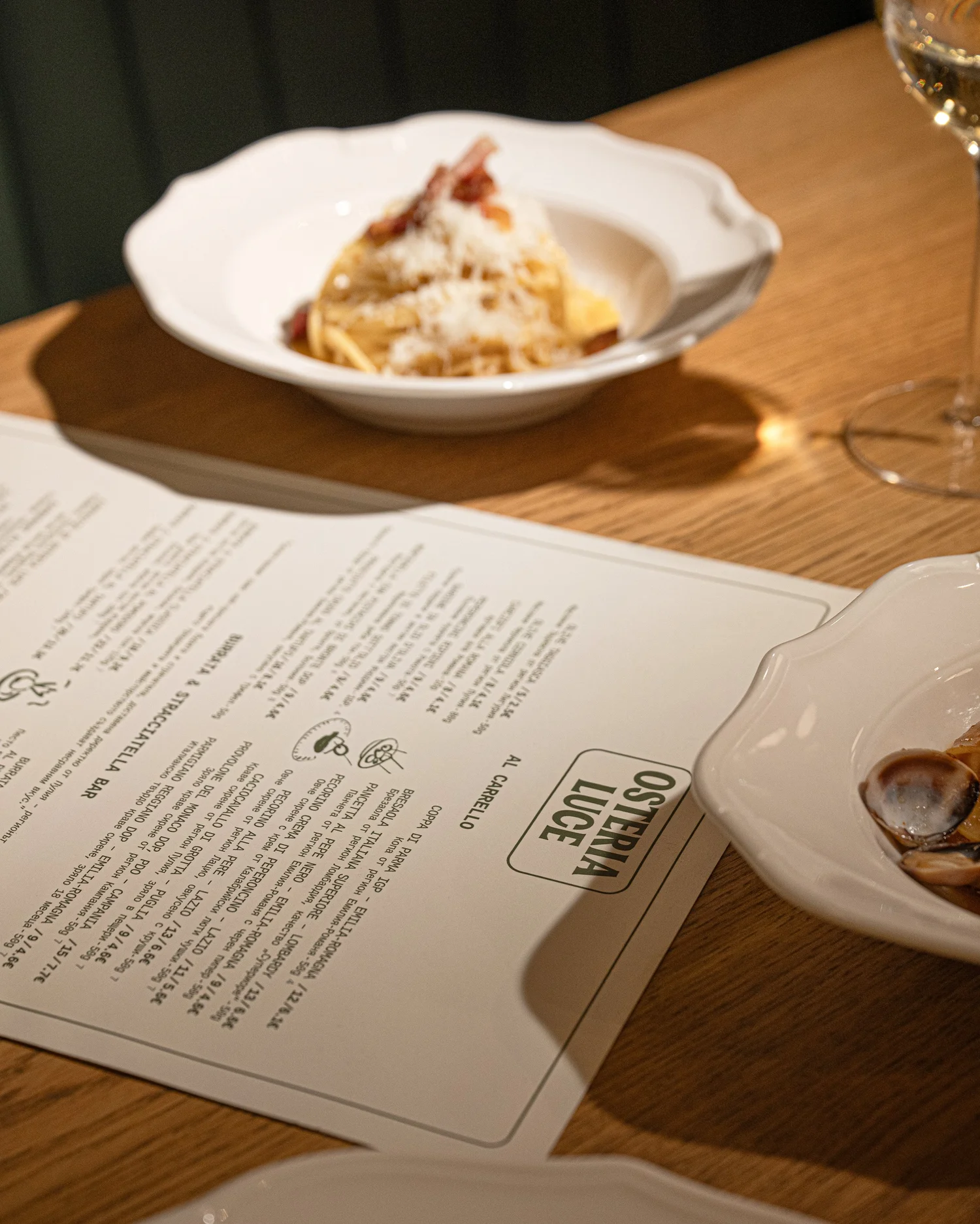 Osteria Luce menu and fresh pasta on the table, Italian restaurant in Sofia center
