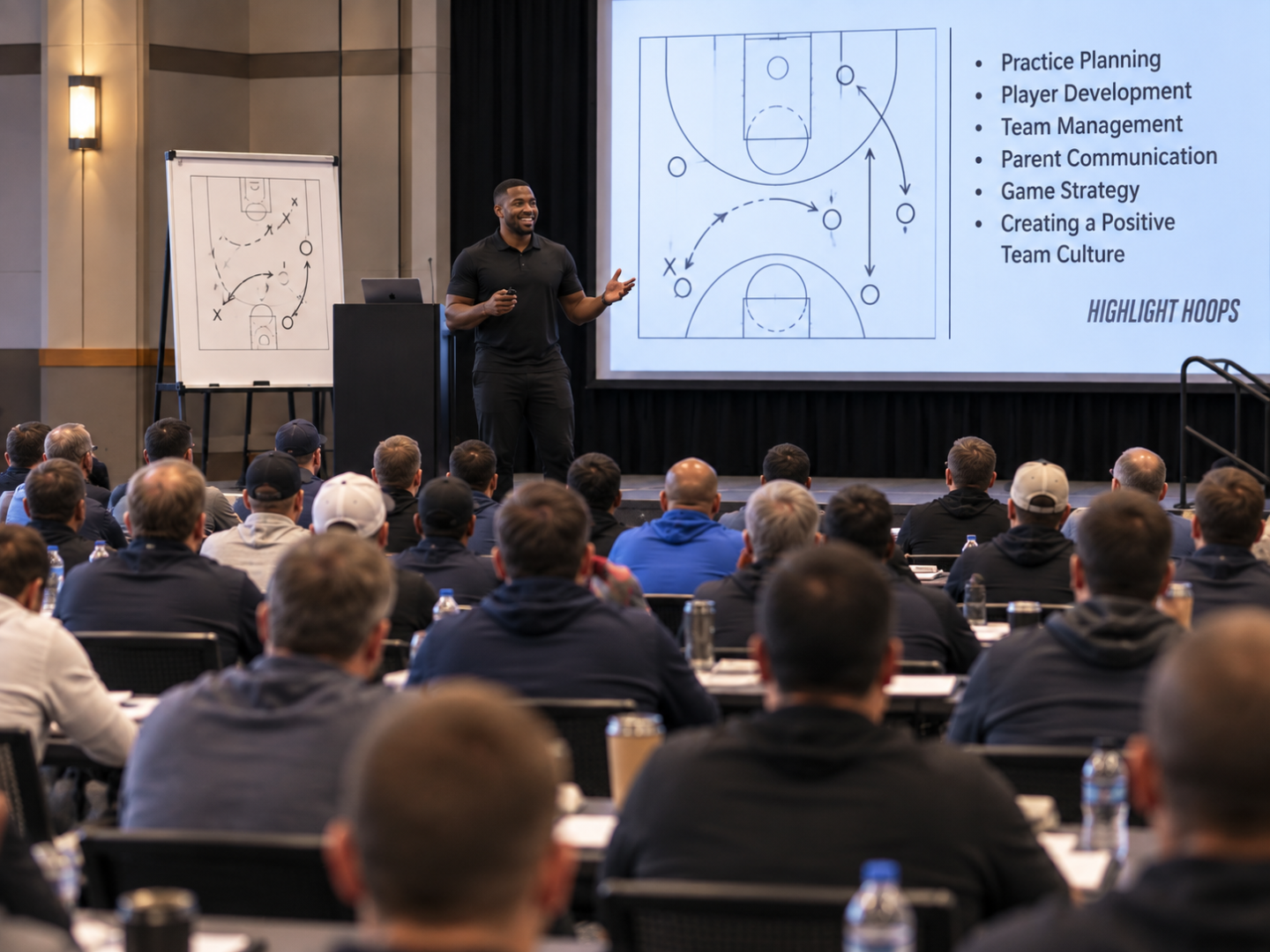 Basketball coaching clinic with a coach presenting strategy to a large group of youth basketball coaches.