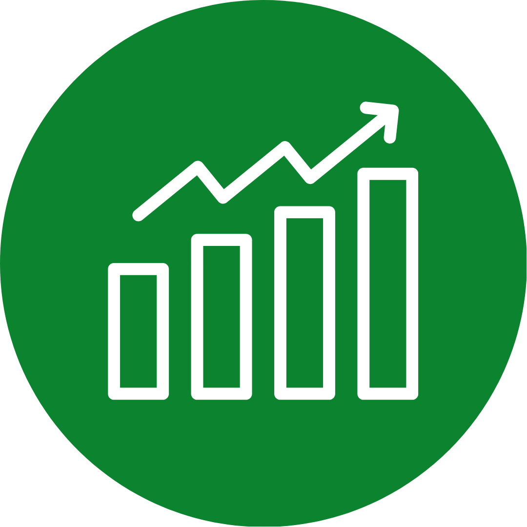 icon of white ascending bar graph with arrow pointing up on green circle