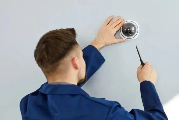 Young man installing modern security camera for theft deterrence inside building. Repair service guy uses screwdriver to fit screws and adjust wall mounted CCTV surveillance dome cam