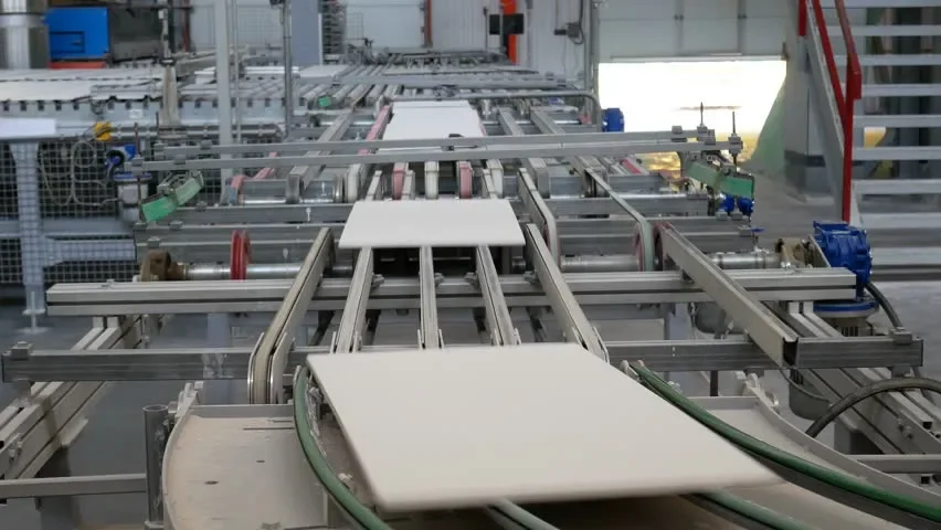 Industrial conveyor system with white panels in a manufacturing facility.