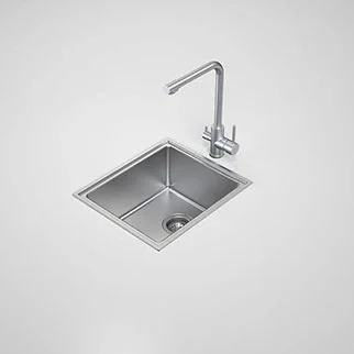 A stainless steel kitchen sink with a curved faucet on a plain white background.