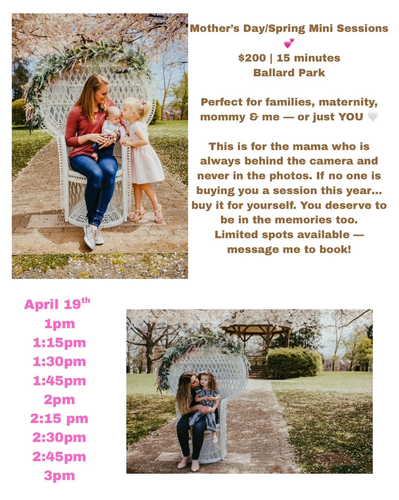Mother&rsquo;s Day / Spring Mini Sessions 🤍
$200 | 15 minutes
(Regular sessions are $450)
For the mama who is always behind the camera &mdash; this one is for you.
Families, maternity, mommy &amp; me, or just YOU 🤍
Limited spots &mdash; message me 