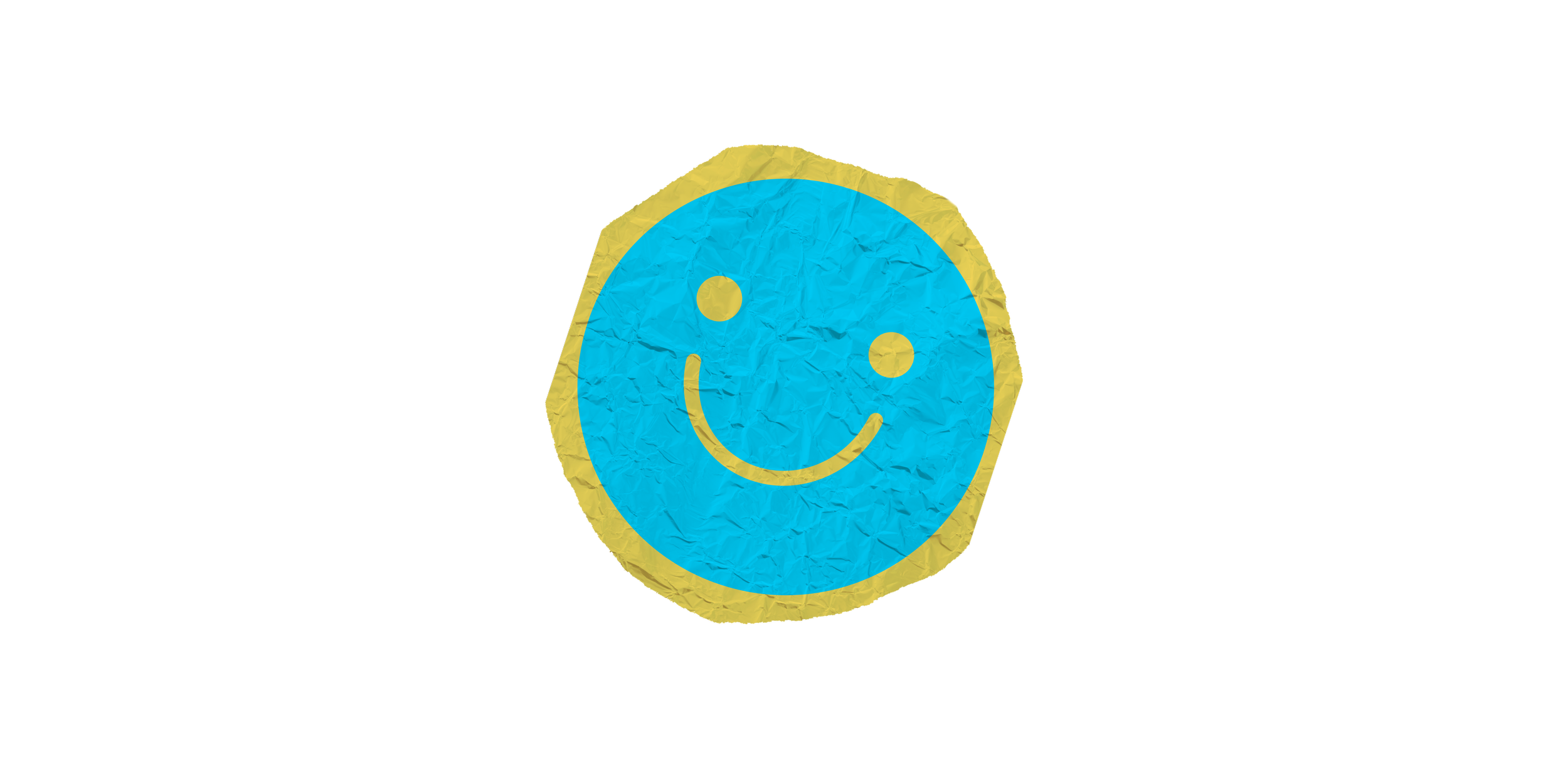 Colorful paper badge with blue smiling face and yellow border.