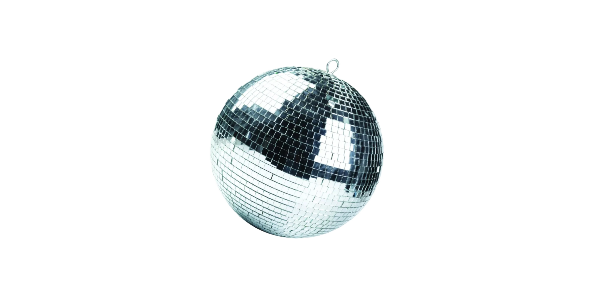 A reflective disco ball with mirrored tiles against a black background.
