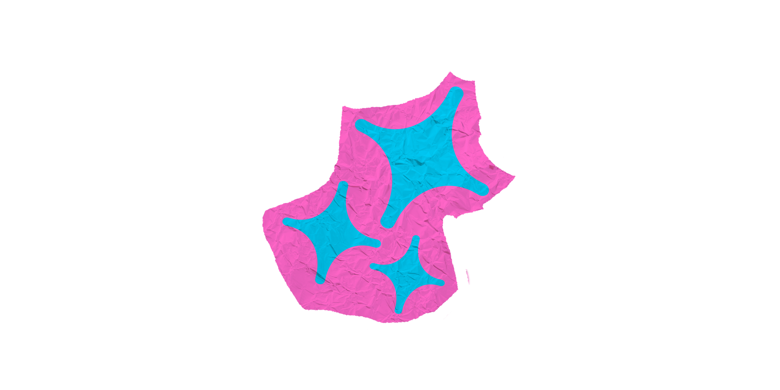 A graphic illustration of a map with pink torn paper texture and blue microbial shapes inside.