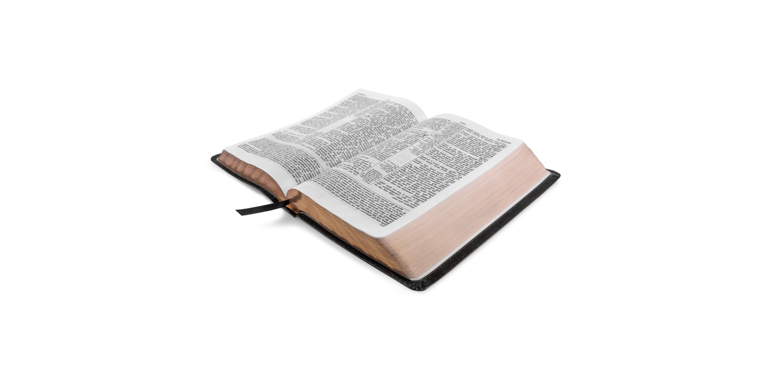 Open Bible with black cover and gold edges, pages with Biblical text, tab and ribbon marker visible.