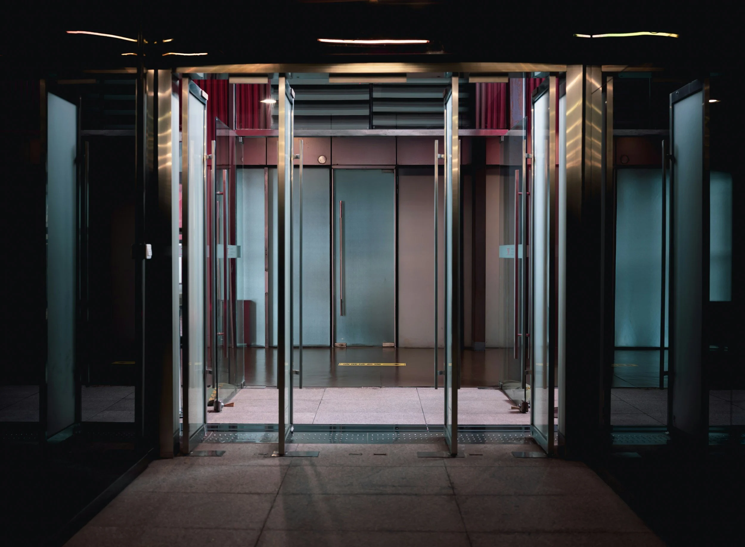 heavy glass doors with panics, closers, handles, pivots, swinging smooth