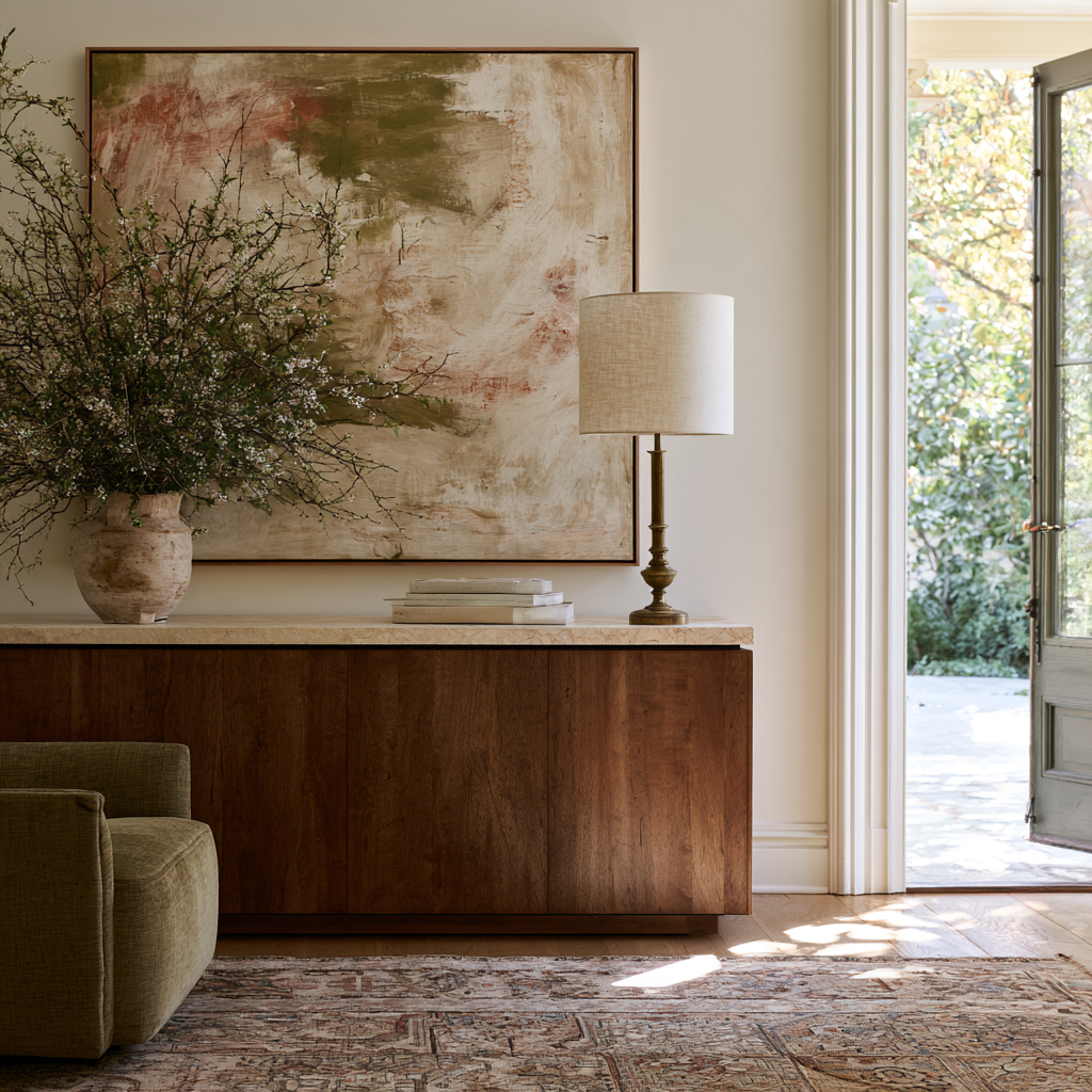 A living room console table with a large abstract painting hanging above. The table has a tall ceramic vase with blooming branches, a stack of books, and a table lamp. Part of an armchair and an open door with a view outside are also visible.