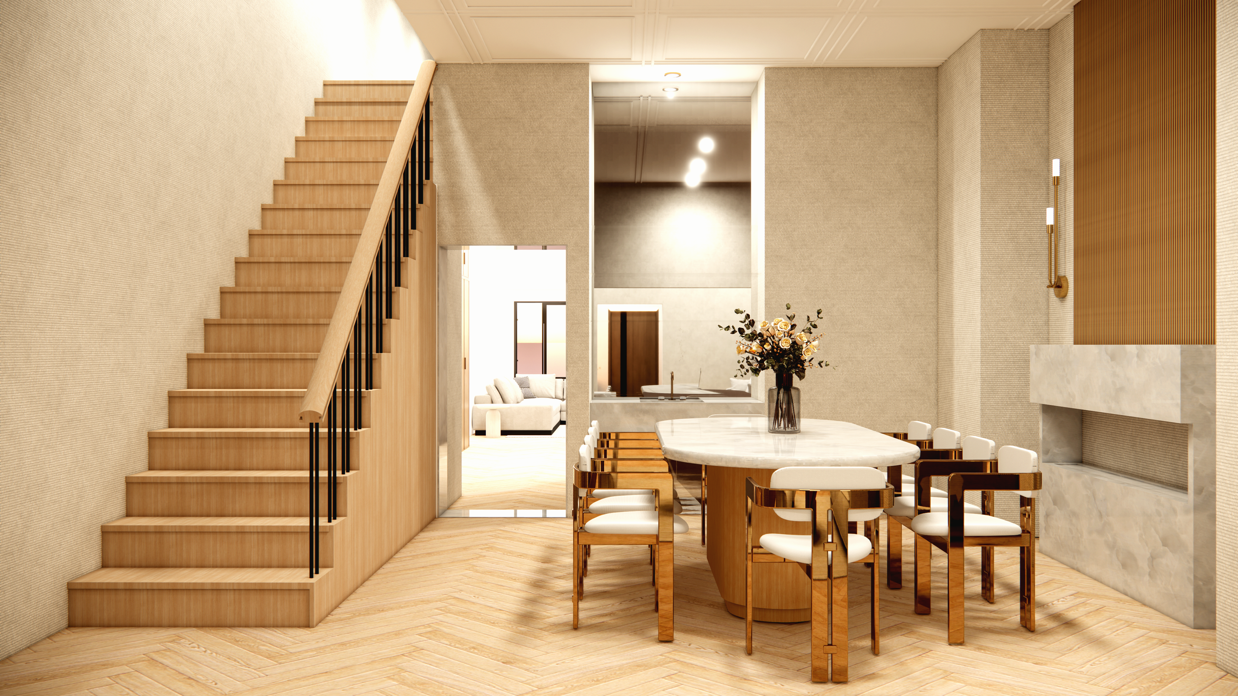 Modern dining area with a marble table, white cushioned chairs, a staircase, and a living room visible in background.