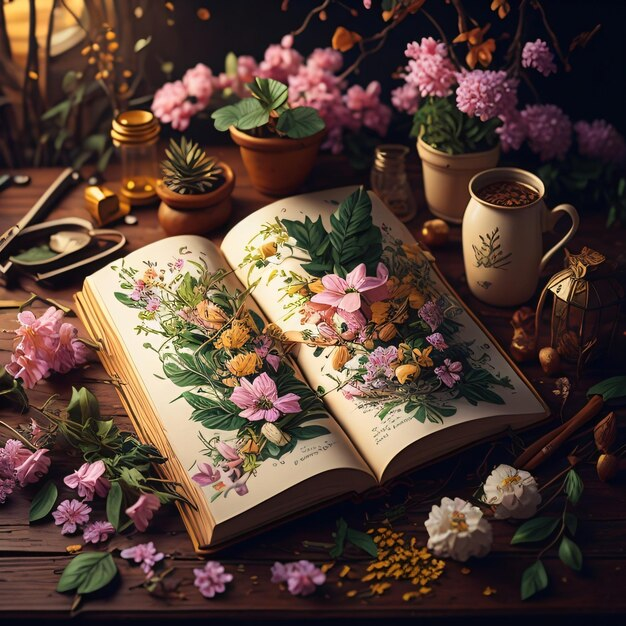 An open botanical illustration book surrounded by pink, yellow, and white flowers, potted plants, a coffee mug, and various art supplies on a wooden table, with flowers and plants in the background.