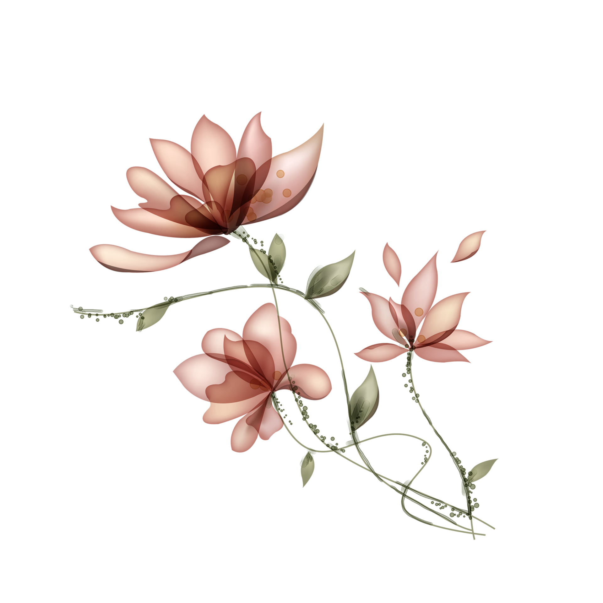 Pink and brown flowers with green leaves on a winding vine.